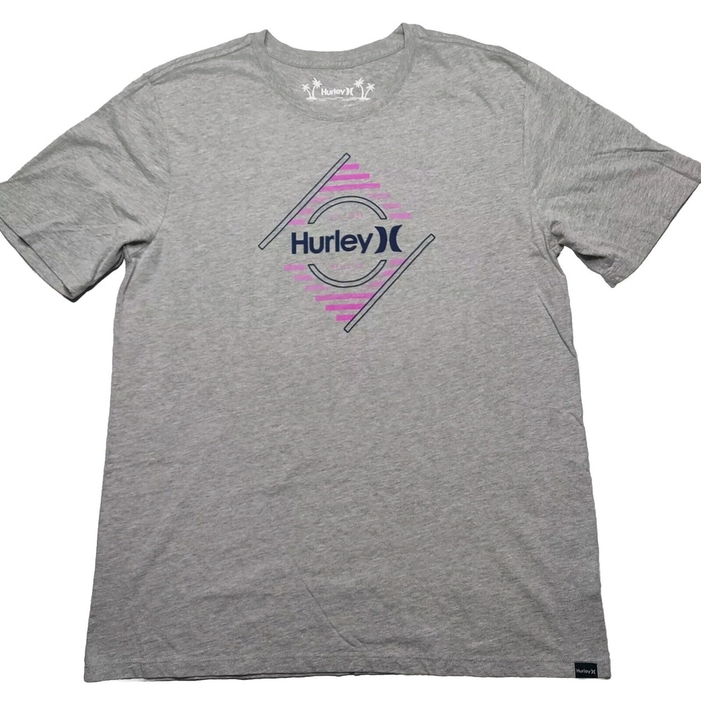 Hurley Men's Large Heather Gray Pink Stairway Logo Cotton Blend S/S T-Shirt NEW